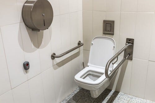 toilet with handrails for the disabled. Focus on the lid of the toilet