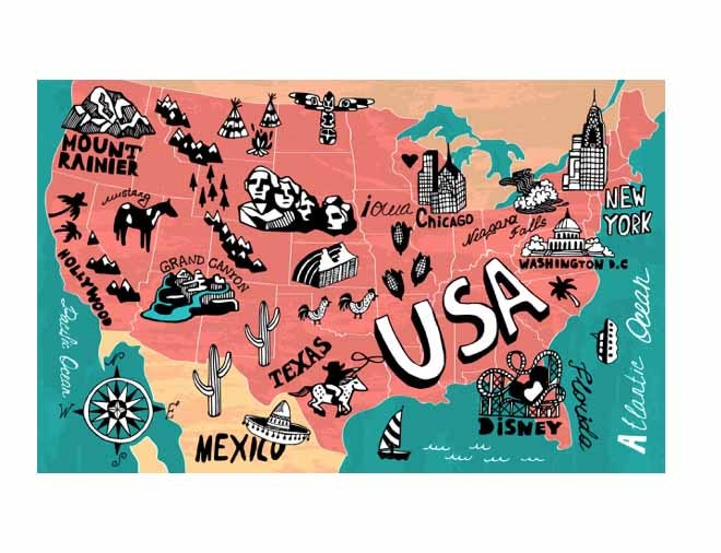 USA map with destination landmarks